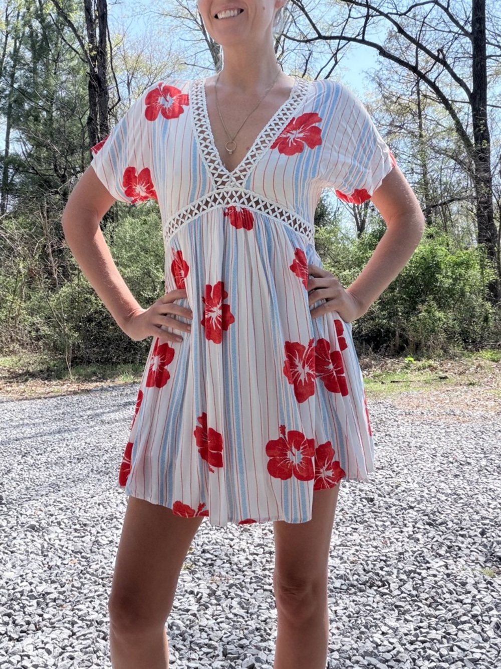 Lulu's White Striped Cover-Up with Red Floral‎ Print Size XS